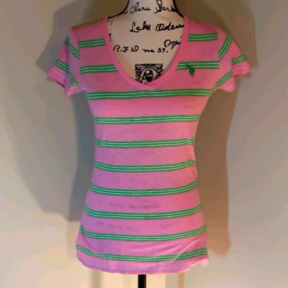 Striped V Neck Polo Tee